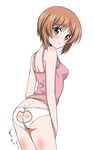  ass ass_cutout blush breasts brown_eyes brown_hair camisole cat_cutout covered_nipples flat_ass girls_und_panzer looking_at_viewer looking_back medium_breasts nishizumi_miho panties rozen5 short_hair solo tank_top underwear underwear_only 