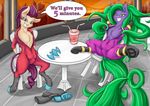  2016 absurd_res alcor90 chair clothed clothing dialogue duo earth_pony english_text equine fan_character female friendship_is_magic green_hair grin hair hi_res horse inside looking_at_viewer mammal mane-iac_(mlp) my_little_pony pony purple_hair spread_legs spreading straw text 