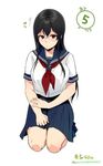  black_hair blush circle_name countdown glasses hand_on_own_arm long_hair mole mole_under_eye neckerchief pleated_skirt red_eyes sakuramachi_touko sasamori_tomoe school_uniform seiza sitting skirt solo succubus_stayed_life 