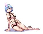  arm_support artist_name bare_legs bare_shoulders barefoot blue_eyes blue_hair breasts cosplay fate/grand_order fate_(series) full_body glowing_horn hair_over_one_eye hand_on_thigh horn horns large_breasts looking_at_viewer midriff navel oni oni_horns open_mouth potato_(sksnabi) re:zero_kara_hajimeru_isekai_seikatsu rem_(re:zero) shadow short_hair shuten_douji_(fate/grand_order) shuten_douji_(fate/grand_order)_(cosplay) simple_background sitting sketch solo stomach teeth white_background yokozuwari 