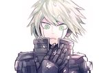  ahoge android cherry_blossoms danganronpa green_eyes keebo kyo722 looking_down male_focus new_danganronpa_v3 petals power_armor silver_hair simple_background solo upper_body white_background 