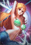  bikini_top breasts clima-tact denim ezedin jeans large_breasts long_hair nami_(one_piece) one_piece pants solo 