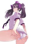  ass ass_grab bent_over black_hair bow breasts closed_mouth commentary_request from_behind grabbing_own_ass hair_bow hat highres himekaidou_hatate long_hair looking_at_viewer looking_back miya9 panties pointy_ears puffy_short_sleeves puffy_sleeves purple_bow purple_eyes shirt short_sleeves small_breasts solo spread_ass striped striped_panties thighs tokin_hat touhou twintails underwear white_background white_shirt 