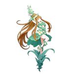  alfheim_no_mamono_tsukai arms_up artist_request bangs blunt_bangs breasts brown_hair closed_eyes dress flower full_body high_ponytail highres leaf_clothing long_hair medium_breasts melias_(alfheim_no_mamono_tsukai) official_art plant pointy_ears solo transparent_background underboob very_long_hair vines 