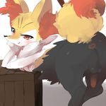  anus balls braixen butt canine crate fox fur hindpaw looking_at_viewer looking_back male mammal nintendo paws penis pok&eacute;mon presenting red_eyes simple_background smile solo video_games white_fur yellow_fur ぬこちー 