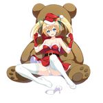  belt blonde_hair blue_eyes breasts cleavage full_body fur_trim gloves hair_ribbon hat high_heels highres kure_masahiro large_breasts long_hair looking_at_viewer loose_belt official_art open_mouth panties pumps red_gloves ribbon santa_costume santa_hat shoes_removed skirt solo spaghetti_strap stuffed_animal stuffed_toy teddy_bear thighhighs transparent_background twintails underwear valkyrie_drive valkyrie_drive_-siren- white_legwear white_panties 