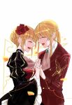  1boy 1girl androgynous ascot beatrice_(umineko) blonde_hair bow bowtie braid braided_bun choker closed_eyes collared_shirt commentary_request dress flower formal_clothes frilled_choker frilled_dress frills hair_bun hair_flower hair_ornament highres interlocked_fingers juliet_sleeves long_hair long_sleeves pink_ascot pink_bow pink_bowtie ponytail puffy_sleeves red_suit shirt sidelocks single_hair_bun suit tukijirou960 umineko_no_naku_koro_ni ushiromiya_lion 