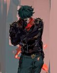  1boy black_jacket cigarette em070720 green_hair green_pants highres holding holding_cigarette jacket leather leather_jacket lighter_(zenless_zone_zero) male_focus pants red_scarf scarf short_hair solo spiked_jacket sunglasses zenless_zone_zero 