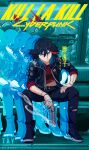  1girl absurdres afterimage angry black_hair black_jacket black_pantyhose cyberpunk cyberpunk:_edgerunners cyberpunk_(series) cyberpunk_2077 cyborg gun highres holding holding_gun holding_weapon jacket kill_la_kill looking_at_viewer matoi_ryuuko mechanization multicolored_hair omotxy pants pantyhose red_hair red_shirt sandevistan shirt short_hair sitting smoke smoking_barrel solo streaked_hair torn_clothes torn_pants two-tone_hair weapon 