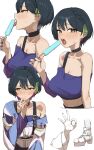  1girl absurdres armpit_crease black_choker black_hair blush braid breasts choker cleavage colored_inner_hair commentary earrings embarrassed food heavy_breathing highres jewelry kaekae_kaeru large_breasts licking licking_food looking_at_viewer looking_to_the_side midriff multicolored_hair multiple_views nijisanji nose_blush off-shoulder_shirt off_shoulder ok_sign open_mouth popsicle purple_hair purple_nails sexually_suggestive shirt short_hair single_off_shoulder sweat virtual_youtuber yamagami_karuta yamagami_karuta_(orihimeboshi) yellow_eyes 