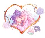  4girls acheron_(honkai:_star_rail) chibi color_connection commentary cyrene_(demiurge)_(honkai:_star_rail) cyrene_(honkai:_star_rail) elf elysia_(herrscher_of_human:_ego)_(honkai_impact) elysia_(honkai_impact) english_commentary flower hair_color_connection highres honkai:_star_rail honkai_(series) honkai_impact_3rd inoue_marina karetokoi kiss kissing_cheek long_hair manta_ray multiple_girls pink_hair pointy_ears purple_eyes purple_hair raiden_mei rose sawashiro_miyuki simple_background very_long_hair voice_actor_connection white_background yanning yuri 