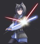  1girl absurdres alter_kamerade animal_ear_fluff animal_ears arknights black_background black_hair black_pantyhose black_vest blue_lightsaber chinese_commentary closed_mouth collared_shirt commentary_request cropped_legs energy_sword fingerless_gloves gloves grey_shirt hair_between_eyes highres holding holding_weapon lightsaber long_hair long_sleeves necktie pantyhose parrying purple_gloves purple_necktie purple_shorts shirt shorts simple_background solo standing star_(symbol) sword texas_(arknights) texas_the_omertosa_(arknights) two-handed vest weapon wolf_ears wolf_girl yellow_eyes 