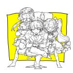  1boy 2girls :d border bow closed_mouth commentary_request crossed_arms dot_nose dress figure_four_sitting frilled_dress frills greyscale_with_colored_background group_picture hair_bobbles hair_bow hair_ornament hakase_fuyuki hakase_fuyuki_(1st_costume) hand_on_another's_shoulder jacket kagami_hayato kagami_hayato_(1st_costume) lapels long_hair long_sleeves looking_at_viewer low_twintails miniskirt multiple_girls nijisanji notched_lapels open_mouth oshaka_(haguki) outside_border own_hands_together short_dress short_hair short_sleeves simple_background sitting sketch skirt smc-gumi_(nijisanji) smile standing suit suit_jacket twintails v-shaped_eyebrows very_long_hair virtual_youtuber white_border yellow_background yorumi_rena yorumi_rena_(1st_costume) 