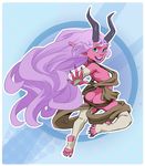  black_nails blue_eyes breasts butt clothed clothing colored_nails demon fangs feet female hair horn humanoid imp lisa_avorat pink_skin pointy_ears purple_hair side_boob skimpy small_breasts the_pink_pirate 