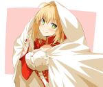  1girl ahoge blonde_hair breasts bright_pupils bustier chata_maru_(irori_sabou) cleavage commentary_request corset dress fate_(series) green_eyes hair_intakes highres large_breasts light_blush medium_hair nero_claudius_(fate) nero_claudius_(fate/extra) red_corset red_dress red_shrug shrug_(clothing) smile solo white_bustier white_pupils wrapped_in_blanket 