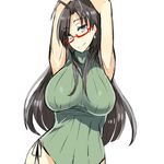  armpits arms_up bangs black_hair breasts glasses green_eyes hasegawa_chisato large_breasts long_hair q_(a72pgc) shinmai_maou_no_testament sleeveless sleeveless_turtleneck solo turtleneck 