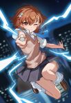  1girl ;) absurdres aiming aiming_at_viewer amamiyayk asymmetrical_bangs black_sky blurry blurry_background blush brown_eyes brown_hair brown_shoes brown_sweater_vest building chinese_commentary cityscape coin collared_shirt commentary_request crossed_bangs dress_shirt electricity electrokinesis emblem flower_hairclip foreshortening full_body grey_skirt hair_between_eyes highres holding holding_coin jumping kneehighs loafers looking_at_viewer loose_socks medium_hair miniskirt misaka_mikoto night one_eye_closed outdoors pleated_skirt railgun_(misaka_mikoto) reaching reaching_towards_viewer school_emblem school_uniform shirt shoes short_shorts short_sleeves shorts shorts_under_skirt skirt sky smile socks solo summer_uniform sweater_vest toaru_kagaku_no_railgun toaru_majutsu_no_index tokiwadai_school_uniform v-neck white_shirt white_socks yellow_shorts 