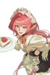  1girl apron black_dress blue_eyes breasts cake cake_slice cleavage commentary dress elf elysia_(honkai_impact) elysia_(miss_pink)_(honkai_impact) elysia_(miss_pink_elf)_(honkai_impact) fake_horns food gloves highres holding holding_plate honkai_(series) honkai_impact_3rd horns long_hair looking_at_viewer maid maid_apron maid_headdress pink_hair plate pointy_ears puffy_short_sleeves puffy_sleeves seven_r short_sleeves simple_background small_breasts solo very_long_hair white_apron white_background white_gloves 