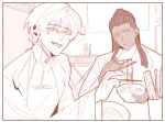  2boys blue_eyes border chopsticks coat commentary dark-skinned_male dark_skin dreadlocks eating english_commentary food green_eyes heterochromia high_ponytail holding holding_chopsticks holding_with_chopsticks hw4n indoors killer_chat! kitchen limited_palette male_focus multiple_boys noodles open_clothes open_coat open_mouth original ponytail ramen turtleneck upper_body v_(killer_chat) 