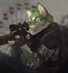  5_fingers anthro black_nose camo canine clothing detailed_background eyebrows fingerless_gloves fur gloves green_eyes green_fur holding_object holding_weapon koul male mammal one_eye_closed smile solo teeth weapon white_fur wolf 
