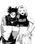  1boy 1girl black_eyes choso_(jujutsu_kaisen) closed_eyes closed_mouth greyscale highres jujutsu_kaisen long_hair long_sleeves monochrome open_mouth poeeeeda short_hair simple_background sleeveless tsukumo_yuki_(jujutsu_kaisen) turtleneck white_background 
