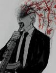  1boy blood blood_spray death grey_background greyscale gun gun_in_own_mouth headshot holding holding_gun holding_weapon male_focus monochrome necktie open_mouth original revol4357 shirt solo spot_color suicide suit upper_body weapon weapon_request 