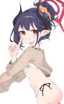  1girl absurdres bikini black_hair black_horns blue_archive brown_shrug chiaki_(blue_archive) chiaki_(swimsuit)_(blue_archive) commentary curved_horns demon_horns fishnet_shrug hair_bun halo highres horns index_finger_raised long_hair looking_at_viewer multicolored_horns official_alternate_costume official_alternate_hairstyle pointy_ears red_eyes red_halo see-through_clothes see-through_shrug shrug_(clothing) single_hair_bun smile solo swimsuit two-tone_horns white_bikini winterpear 