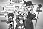  3girls armor blue_eyes breasts bright_pupils character_name cleavage commentary cowboy_shot dagger english_commentary english_text facing_ahead fang green_eyes greyscale hair_between_eyes hair_over_one_eye hat highres holding holding_dagger holding_knife holding_staff holding_weapon knife long_hair looking_at_another looking_down looking_to_the_side midriff monochrome multiple_girls navel oligogi_meoggosipda open_mouth original paid_reward_available power_level red_eyes reverse_grip scar scar_on_cheek scar_on_face scar_on_stomach shield short_hair shorts smile spot_color staff venus_symbol weapon white_pupils witch witch_hat 