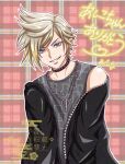  blonde_hair chain chain_necklace choker commentary_request dissidia_duellum_final_fantasy dissidia_final_fantasy earrings final_fantasy final_fantasy_xv grey_eyes grey_shirt jacket jacket_partially_removed jewelry looking_at_viewer multiple_necklaces necklace parted_lips plaid_background print_shirt prompto_argentum prompto_argentum_(friendly_photographer) shirt short_hair single_bare_shoulder sleeveless sleeveless_shirt smile spiked_hair studded_choker studs swept_bangs tenpurako_ddff upper_body 