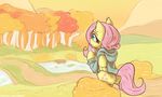  alasou blue_eyes clothing cutie_mark day detailed_background equine eyelashes feathered_wings feathers female feral fluttershy_(mlp) friendship_is_magic fur hair hoodie mammal my_little_pony outside pegasus pink_hair sitting smile solo wings yellow_feathers yellow_fur 