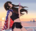  1girl american_flag american_flag_bikini american_flag_print bikini black_hair cape chainsaw_man commentary crop_top english_commentary eyelashes flag_print flag_print_bikini highres holding holding_removed_eyewear long_sidelocks long_sleeves mothdropcrowla ocean parted_lips print_bikini red_eyes scar scar_on_cheek scar_on_face scar_on_nose short_shorts shorts sidelocks subsurface_scattering sunset swimsuit unworn_eyewear yoru_(chainsaw_man) 