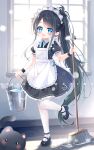  1girl :3 :d apron aris_(blue_archive) aris_(maid)_(blue_archive) black_dress black_hair black_shoes blue_archive blue_eyes blue_ribbon blush broom bucket bucket_of_water chinese_commentary commentary_request dress frilled_apron frilled_dress frills full_body highres holding holding_broom holding_bucket indoors long_hair looking_at_viewer maid maid_headdress mary_janes missing_halo neck_ribbon open_mouth pantyhose parted_bangs ponytail ribbon shimo_shiina shoes short_sleeves sidelocks smile solo standing standing_on_one_leg very_long_hair white_apron white_pantyhose window 