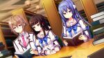  1/7_no_mahoutsukai 1boy 2girls back_bow blue_bow blue_bowtie blue_eyes blue_hair blue_hairband blurry book book_stack bookshelf bow bowtie brown_eyes brown_hair buttons ceiling chair closed_mouth collarbone collared_shirt corset double-breasted dutch_angle elbow_on_table frilled_sleeves frills game_asset glasses grey_bow grey_sailor_collar hair_between_eyes hair_bow hair_ornament hairband hime_cut holding holding_book holding_pen impossible_clothes jewelry juliet_sleeves kirishima_misuzu lapels long_hair long_sleeves looking_at_object multiple_girls necktie non-web_source official_art on_chair open_book paper pen pink_necktie puffy_sleeves purple_eyes ring sailor_collar school_uniform self-datamine shirt short_hair shoulder_boards shrug_(clothing) sidelocks sitting sleeve_cuffs striped_clothes table tel-o very_long_hair white_bow white_corset white_shirt 