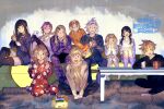  4girls 6+boys alternate_costume alternate_hairstyle arm_on_another's_shoulder barefoot black_hair black_pajamas black_pants black_shirt black_shorts black_sweater black_thighhighs blonde_hair braid brushing_hair clenched_hand clenched_hands closed_mouth cloud_strife commentary_request couch covering_own_mouth cup dissidia_duellum_final_fantasy dissidia_final_fantasy eating egg_print final_fantasy final_fantasy_i final_fantasy_iii final_fantasy_iv final_fantasy_ix final_fantasy_v final_fantasy_vii final_fantasy_viii final_fantasy_xiii final_fantasy_xiv final_fantasy_xv gaia_(ff14) grin hair_between_eyes hair_ornament hairclip highres holding holding_brush holding_cup hood hoodie indian_style kain_highwind kneeling krile_mayer_baldesion_(ff5) lightning_farron long_hair low_twintails mckrs multiple_boys multiple_girls onion_knight open_mouth orange_shirt pajamas panties pants parted_bangs pink_hair plaid_clothes plaid_pajamas print_pajamas prompto_argentum purple_pajamas purple_panties purple_shirt red_pajamas red_pants rinoa_heartilly shirt short_hair shorts sitting smile socks spiked_hair sweater teeth thighhighs twin_braids twintails twitter_username underwear warrior_of_light_(ff1) watching_television white_hoodie white_socks zidane_tribal 