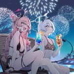  2girls aerial_fireworks animal_print bare_shoulders bikini black_bikini black_choker black_hairband black_sarong black_tail blue_archive blue_eyes blush bracelet breasts brown_bikini choker closed_mouth commentary_request cup double_bun drinking_straw erika_(blue_archive) fang fingernails fireworks food fruit glass hair_bun hairband halo holding holding_cup ice ice_cube jewelry kirara_(blue_archive) large_breasts lemon lemon_slice leopard_print leopard_print_bikini long_hair looking_up multiple_girls nail_polish navel night open_mouth orange_(fruit) orange_slice outdoors palm_tree pink_eyes pink_hair pink_nails pool print_bikini sarong shigatsu_shizuki sitting skin_fang smile stomach swimsuit tail thighs tree two_side_up white_hair white_halo 