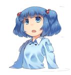  :o blue_eyes blue_hair collared_shirt flat_chest hair_bobbles hair_ornament kawashiro_nitori lowres monosenbei no_nose open_mouth pocket shirt solo touhou two_side_up upper_body 
