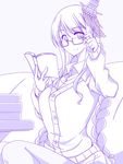  adjusting_eyewear alternate_costume alternate_hairstyle bespectacled book braid buttons cardigan commentary_request fusou_(kantai_collection) glasses hair_ornament headgear holding holding_book kantai_collection kuon_(nokokopopo) long_hair long_sleeves looking_at_viewer open_book sitting smile solo twin_braids 