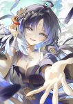  1girl absurdres ahoge black_dress black_feathers black_hair blue_eyes blue_hair breasts chigusa7h cleavage colored_inner_hair commentary_request dress feathers hair_intakes hair_ornament hand_up highres jacket large_breasts long_hair looking_at_viewer multicolored_hair outstretched_arm parted_lips smile solo tacet_mark_(wuthering_waves) upper_body white_jacket wuthering_waves yangyang_(wuthering_waves) yangyang_(xuanling)_(wuthering_waves) 
