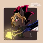 artist_name black_collar black_hair black_tank_top blonde_hair coldbloodedtwilight collar crossover english_text from_side highres jewelry millennium_puzzle multicolored_hair my_little_pony necklace pink_eyes ponification pony_(animal) red_hair solo tank_top upper_body yami_yugi yu-gi-oh! yu-gi-oh!_duel_monsters 