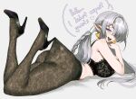  1girl :d ass black_bra black_pantyhose black_shoes bra braid breast_rest breasts english_text feet_up from_side full_body grey_hair high_heels highres hooked_on_heel lace lace_pantyhose lace_pantyhose_hooked_on_heel_(meme) large_breasts long_hair lying meme myotaron on_stomach pantyhose pointy_ears purple_eyes seductive_smile see-through_clothes see-through_pantyhose shoes smile solo twintails underwear velina_airgid zenless_zone_zero 