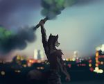  5_fingers anthro bare_back black_nose blurred_background brown_fur canine clothed clothing day fur holding_object koul male mammal outside sky solo standing topless wolf 