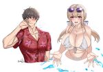  1girl artist_name bikini blonde_hair breasts brown_hair chainsaw_man cleavage collarbone commander_(nikke) commentary_request english_commentary eyewear_on_head front-tie_bikini_top front-tie_top goddess_of_victory:_nikke grey_bikini hawaiian_shirt highres hoshiberuu huge_breasts i'll_teach_you_everything_(chainsaw_man) jewelry lower_teeth_only navel necklace official_alternate_costume official_alternate_hairstyle open_mouth outstretched_arms purple-tinted_eyewear red_shirt shirt simple_background smile sunglasses swimsuit teeth tia_(nikke) tia_(sea_lizzie)_(nikke) tinted_eyewear upper_body white_background 