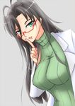  bangs black_hair breasts coat coralbite glasses green_eyes hasegawa_chisato highres large_breasts long_hair shinmai_maou_no_testament solo turtleneck 