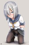  aoi_chizuru blue_eyes blush bow bow_panties brown_legwear gloves grey_background gusset hair_ornament hair_over_one_eye hairclip hamakaze_(kantai_collection) highres kantai_collection kneeling leaning_forward lifted_by_self lips looking_at_viewer no_shoes panties panties_under_pantyhose pantyhose school_uniform serafuku short_sleeves silver_hair simple_background skirt skirt_lift solo thighband_pantyhose underwear white_gloves white_panties 