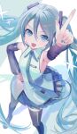  1girl absurdres aqua_eyes aqua_hair aqua_nails aqua_necktie aqua_trim arm_up armpit_focus armpits bare_shoulders black_skirt boots breasts collared_shirt commentary detached_sleeves english_commentary fingernails foot_out_of_frame hair_between_eyes hair_ornament hand_on_own_hip hatsune_miku hatsune_miku_(vocaloid3) highres long_hair long_sleeves looking_at_viewer medium_breasts miniskirt nail_polish necktie open_mouth piano_print pleated_skirt presenting_own_armpit see-through_clothes see-through_sleeves shirt single_hair_intake skirt sleeveless sleeveless_shirt smile solo sparkle thigh_boots tie_clip twintails very_long_hair vocaloid vs0mr white_shirt wing_collar zettai_ryouiki 