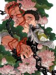  1boy beads black_hair chain commentary_request demon_slayer_uniform flower highres himejima_gyoumei holding_prayer_beads japanese_clothes kimetsu_no_yaiba pink_flower prayer_beads scar scar_on_face short_hair solo white_eyes yae_(8lsymojkn1y5bly) 