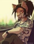  anthro black_hair camo cat clothed clothing detailed_background feline female flat_chested fur hair inside koul looking_at_viewer mammal pink_nose red_eyes sitting smile solo tan_fur 