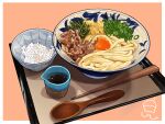  bowl chopsticks commentary_request food food_focus highres mori_shino no_humans noodles original spoon tray udon wooden_spoon 