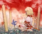  1girl 1other barefoot blonde_hair child cobblestone commentary_request dress ebisu_eika frills from_side grave hands_on_ground in-universe_location kaigen_1025 long_earlobes long_hair looking_at_another looking_to_the_side pinwheel planted puffy_short_sleeves puffy_sleeves rock seiza shirt short_sleeves silhouette sitting skirt solo_focus sotoba touhou white_shirt wily_beast_and_weakest_creature 