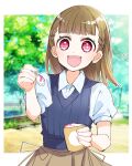  1girl blue_sweater_vest bob_cut braid brown_hair brown_skirt casual commentary_request feeding_viewer food highres holding holding_spoon ice_cream inverted_bob kachimachi_kosuzu kachimachi_kosuzu_(hasu_no_shoushihenkei_no_kyuujitsu) kanduki_kamibukuro looking_at_viewer love_live! love_live!_hasu_no_sora_jogakuin_school_idol_club open_mouth purple_eyes shirt short_sleeves side_braids skirt solo spoon sundae sweater_vest tree white_shirt 